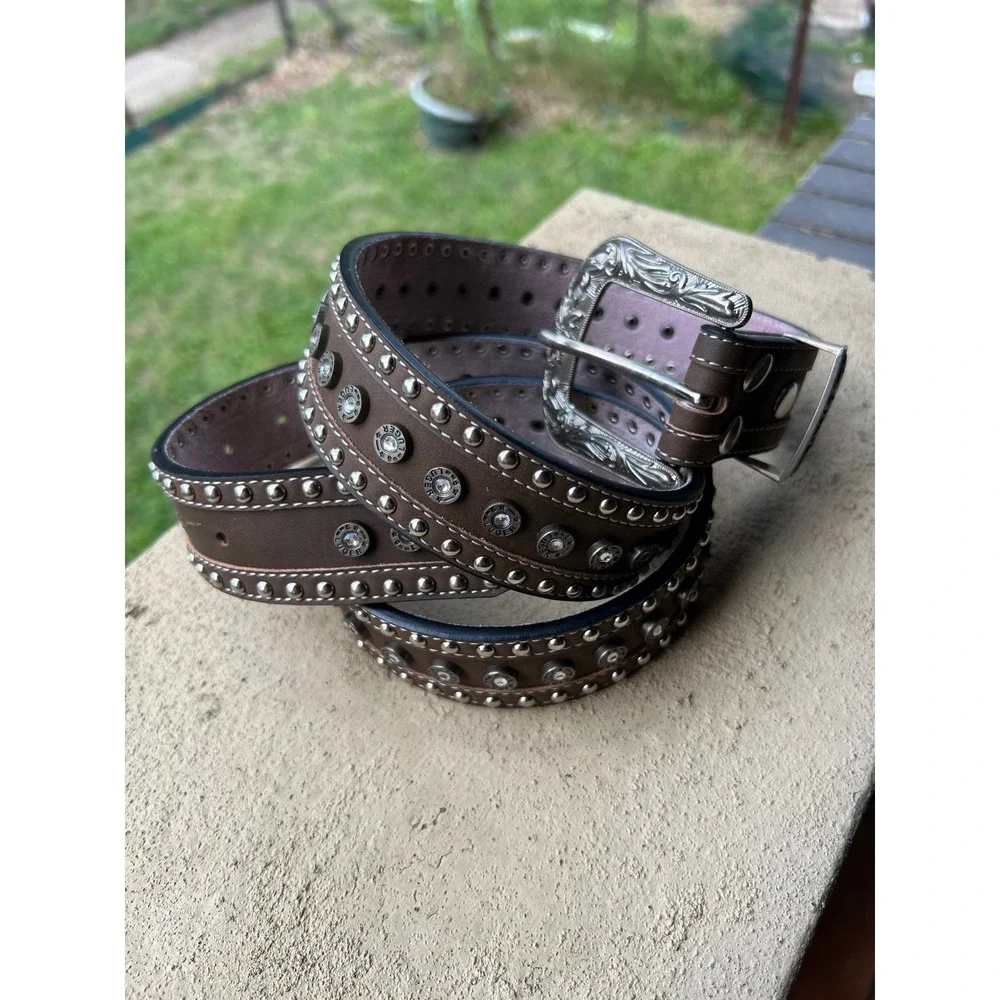 Brown Genuine Leather Western Studded Rhinestone Belt Women's Size XL - Picture 2 of 6